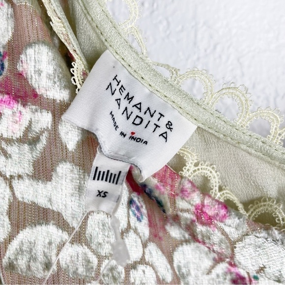 Hemant and Nandita Nina One Shoulder Floral Velvet Dress XS Cream Green Cocktail - Picture 8 of 10